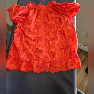 Bright Orange Eyelet Top With Palm Trees